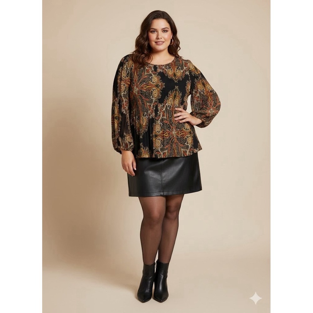 NWT Floral & Ivy Boho Paisley Pleated Peplum Top 2X Rust & Black Balloon Sleeves